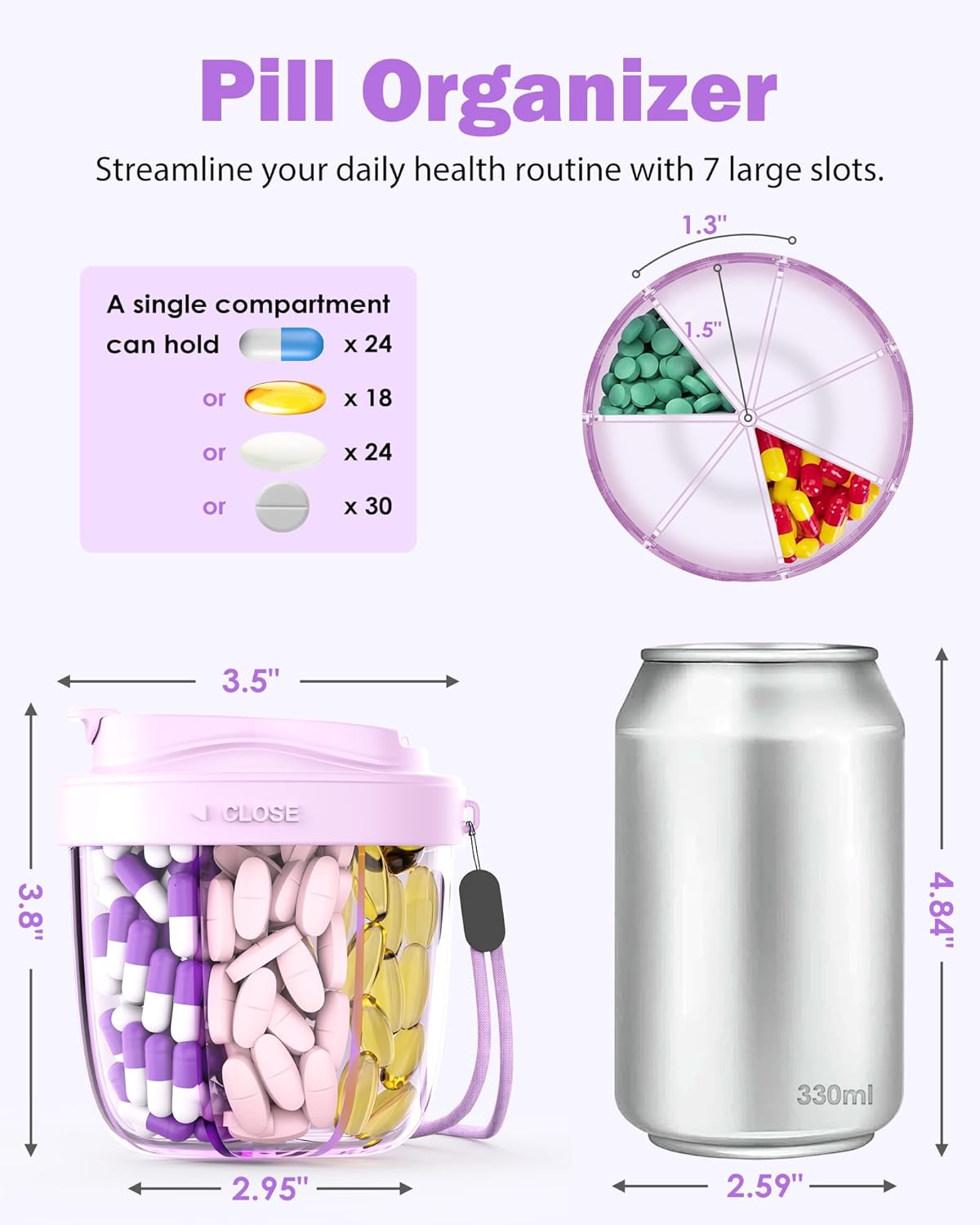Cute Pill Organizer,Pill Dispenser with 7 Large Compartments,Portable Pill Bottle Box with Wide Opening for Easy Use, Anti-Mix Pills Organizer for Travel,Includes 20 Pcs Sticky Labels（Purple）