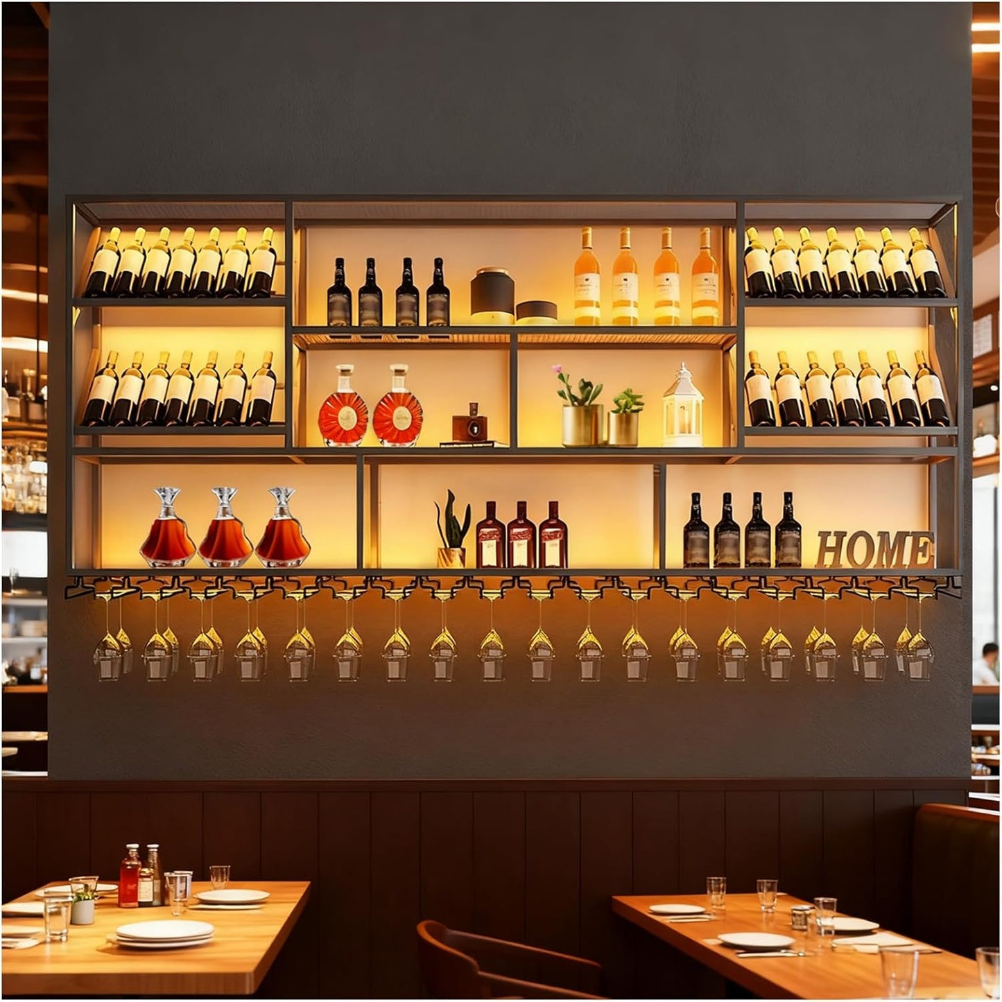 3 Tier Large Wine Rack Wall Mounted with Glass Holder, Black Modern Iron Liquor Shelf, 78.7 Inch Large Wine Bottle Display Shelf, for Kitchen Dining, Home Bar, Cellar (78.7" W)