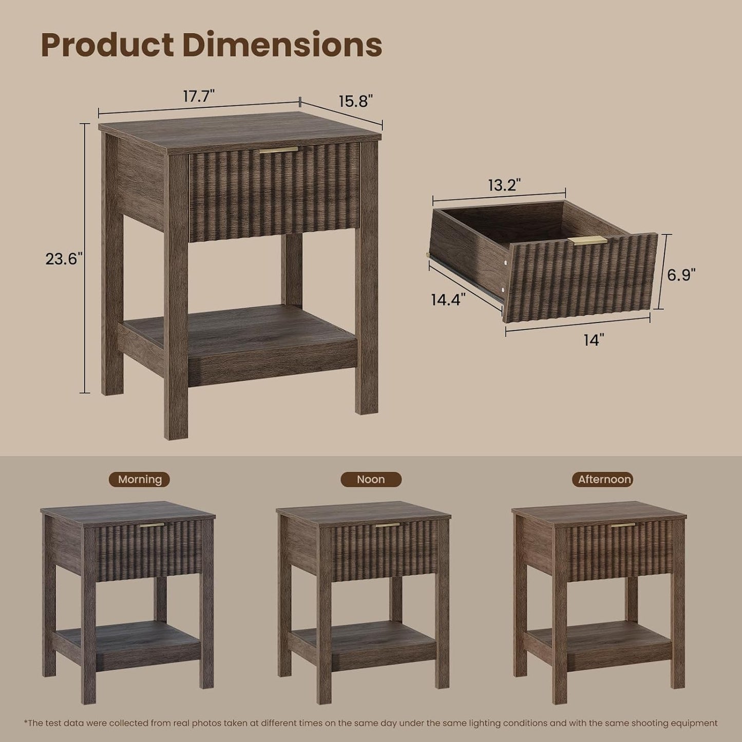 Fluted Night Stand with Golden Handle,Set of 2 Mid-Century Nightstands with Drawer,Bedside Table with Storage Shelf,Large End Tables for Livingroom,Bed Side Tables for Bedroom,Walnut