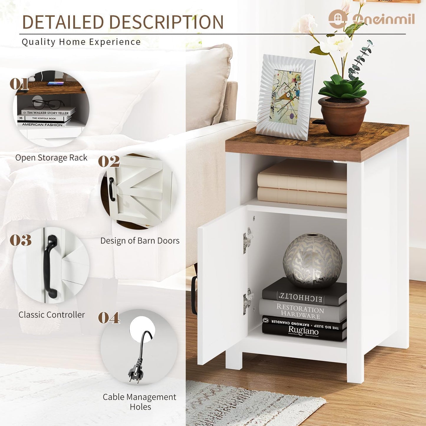 Farmhouse Nightstand with Charging Station, Couch Side Table Set of 2, Bedside Table with Storage Space, End Tables with Barn Door, Bed Side Tables for Living Room and Bedroom, White