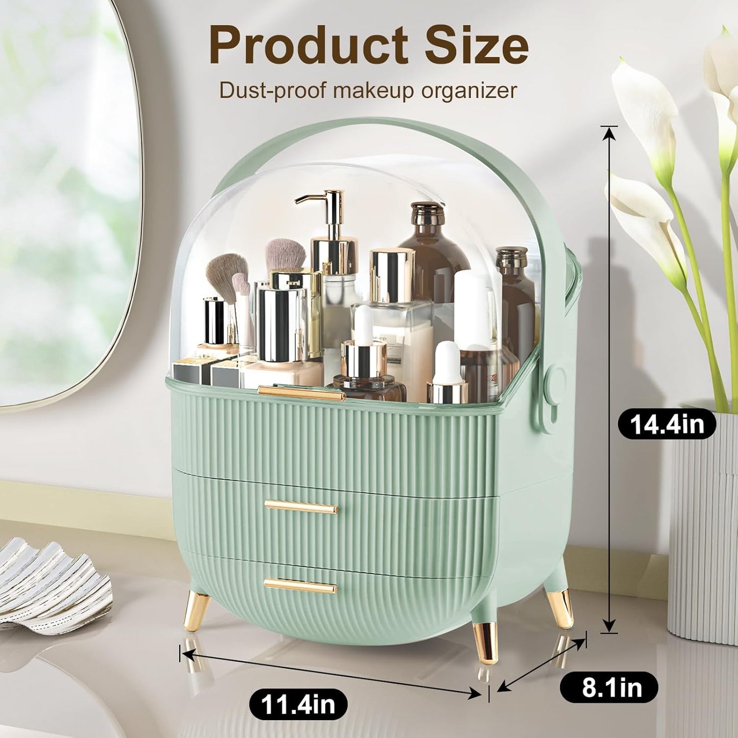 Make up Organizers and Storage, Makeup Organizer for Vanity, Cosmetics Skincare Organizers with Lid and Drawers, Cosmetic Display Cases for Countertop, Bathroom, Ideal Gifts for Women(Light Green)