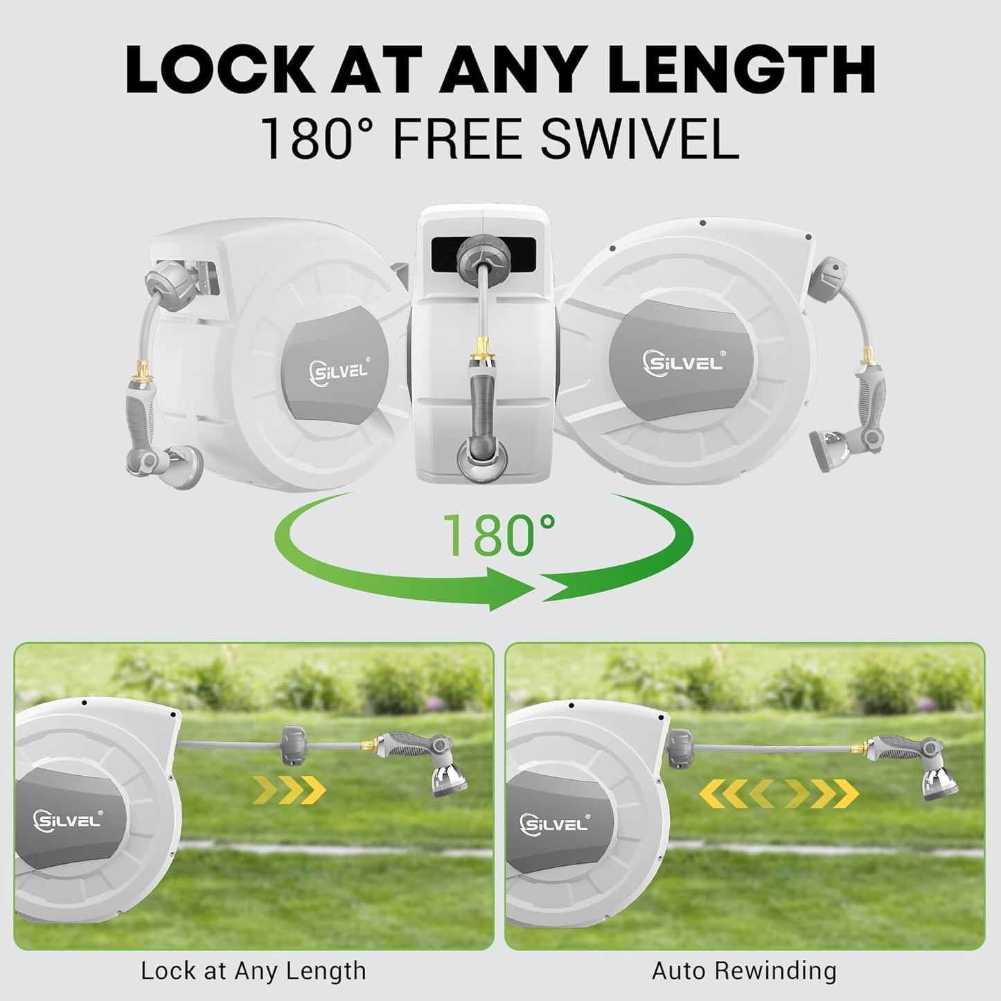 SILVEL Retractable Garden Hose Reel,1/2 in x 75ft Wall Mount Heavy Duty Automatic Hose Reel with 10 Pattern Nozzle, Any Length Lock & Slow Return System, 180°Swivel Bracket Upgraded UV Resistant