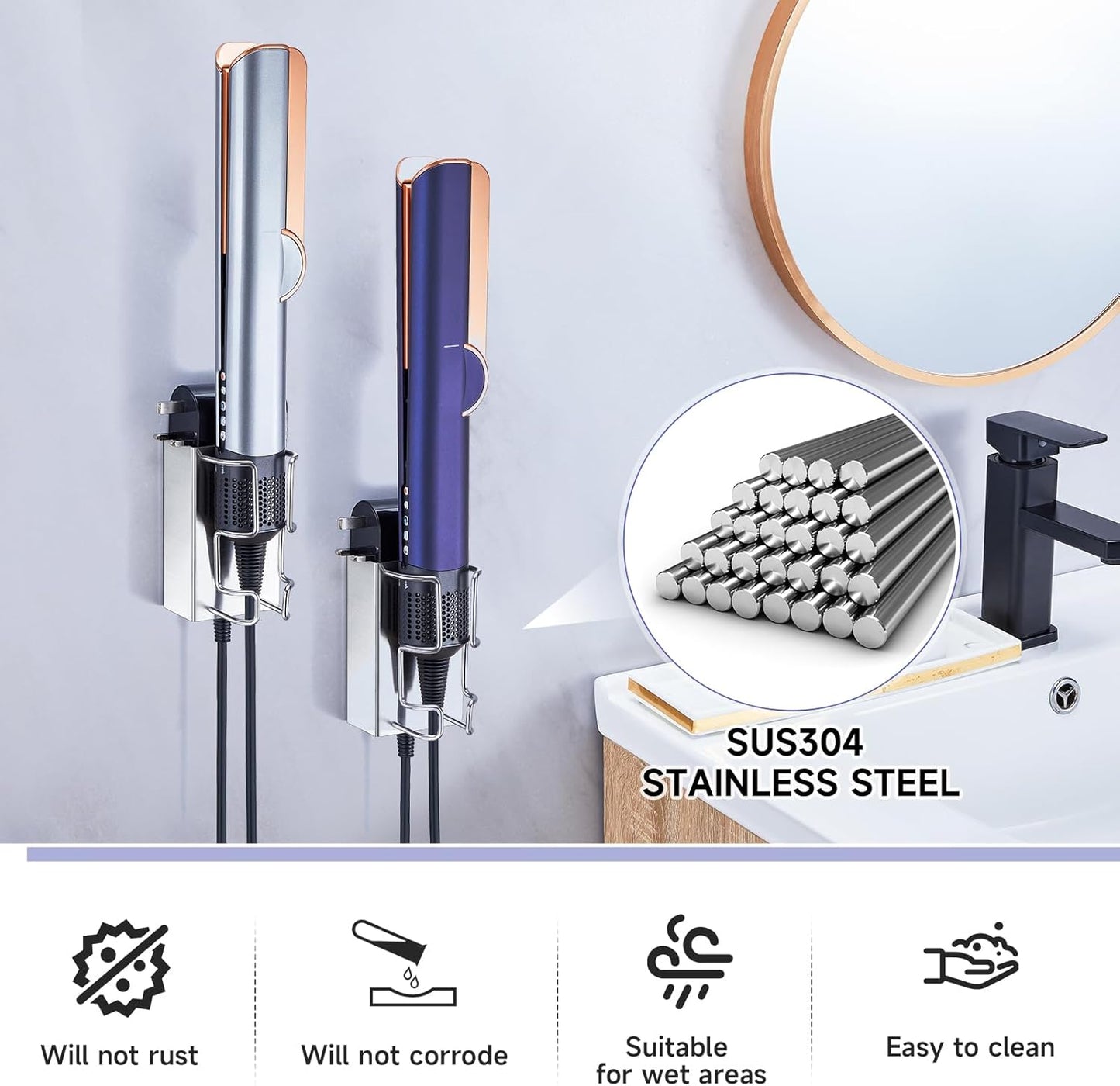 Hair Straightener Holder Wall Mounted, Hair Tool Organizer Stainless Steel, Adhesive Flat Iron Holder, Straighteners Holder for Bathroom Barber Shops Vanity (Silver)