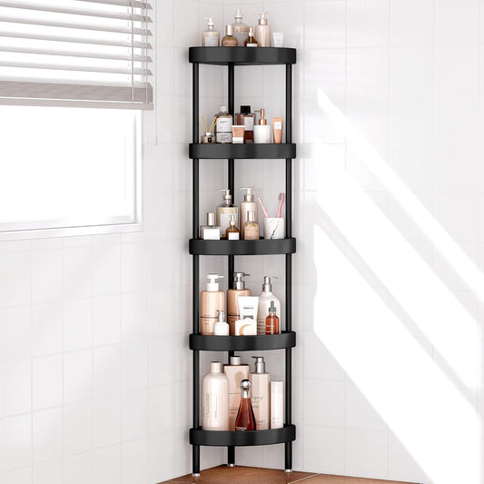 Nieifi Corner Shower Caddy Stand-5 Tier Rustproof Anodized Aluminum Standing Shower Organizer-Shower Caddy Corner-Dual Stability to Anti-Shaking-Height-Adjustable Legs for Uneven Surfaces-Black
