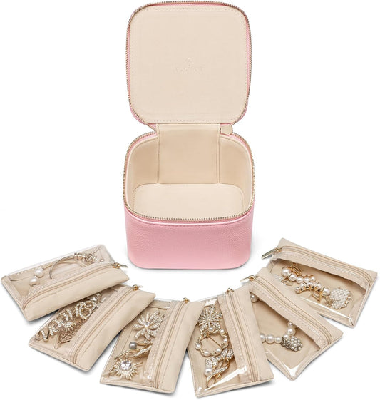 Vlando Travel Jewelry Box for Women,Faux Leather Jewelry Case with 6 Velvet Jewelry Zipper Pockets,Gift Ideas for Women Wife Earrings Necklace Rings Storage Boxes(Strawberry Pink)