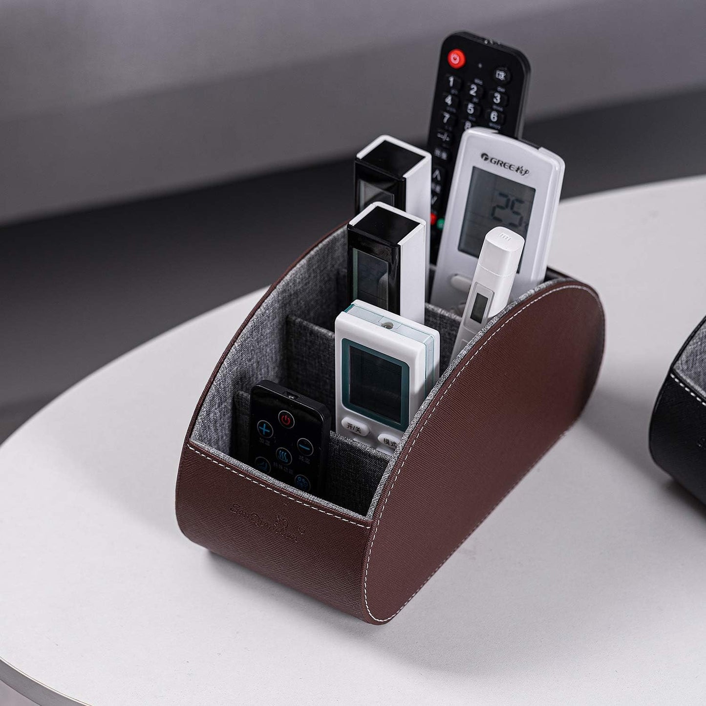 Remote Control Holders Organizer Box with 5 Compartment PU Leather Multi-functional Office Desk Storage Caddy Store Tv Remote for Media Player,Brush,Pencil,Glassees&Office Supplies (Dark Brown)