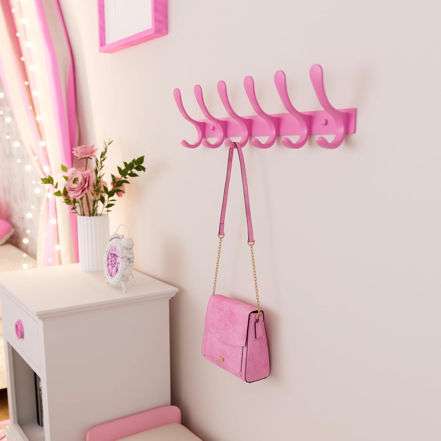 SKOLOO Wall Mounted Coat Rack - 6 Hooks, Pack of 2, Heavy Duty, Stainless Steel, Metal Wall Hanger, Sturdy Coat Hooks for Hanging Coats, Jackets, Clothes, Hats - Pink