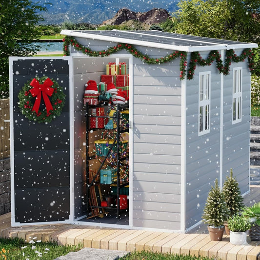 4x8 FT Lean-to Resin Shed with Floor Included, Waterproof Plastic Storage Cabinet, Garden Tool Sheds for Outdoor Wall