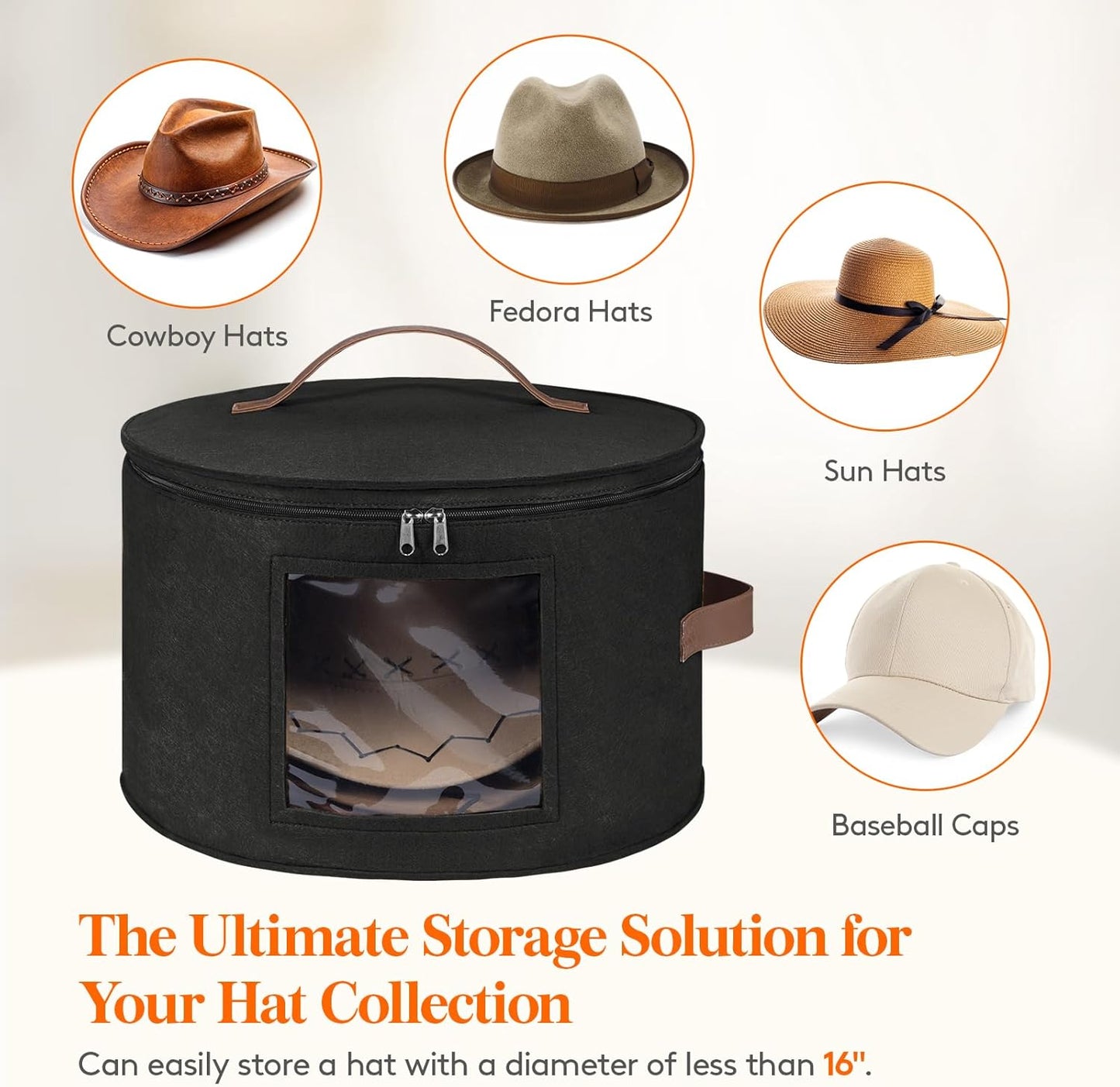 Lifewit Round Cowboy Hat Box for 7 Caps, Large Felt Hat Organizer Bag for Men & Women Storage, Baseball Cap Container with Dustproof Lid for Travel, Foldable 16.5" D x 10.6" H Carrier, Black