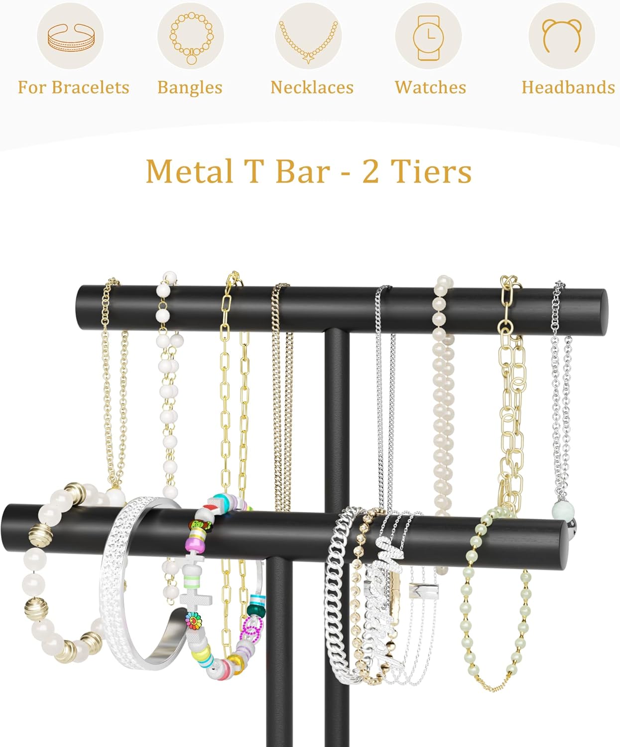 SZQINJI Bracelet Holder Organizer Jewelry Display Stand, Solid Wood Base with 2 Tier Metal T-bar for Bracelet Wristband Bangle Watch Necklace Hanging, White, Christmas Gift