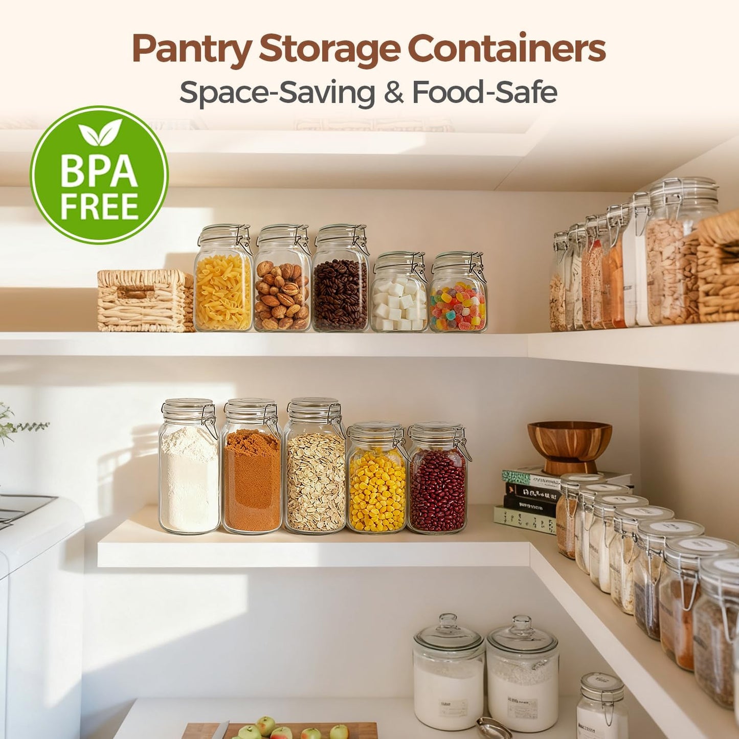 ComSaf Airtight Glass Jars with Lids 0.6 Gallon Set of 3, Food Storage Canister Square-Storage Container with Clear Preserving Seal Wire Clip Fastening for Kitchen Canning Flour, Cereal, Pasta, Bean