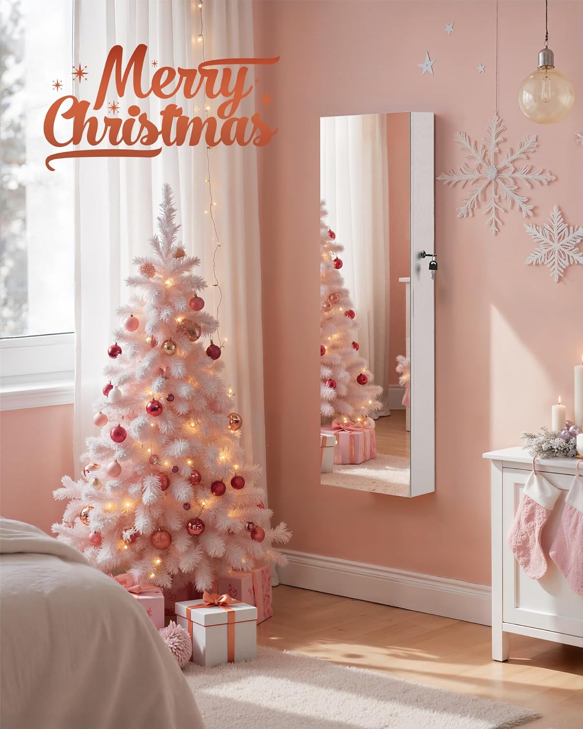 SONGMICS Hanging Jewelry Cabinet, Wall-Mounted Cabinet with LED Interior Lights, Door-Mounted Jewelry Organizer, Full-Length Mirror, Christmas Gift Idea, White UJJC99WT