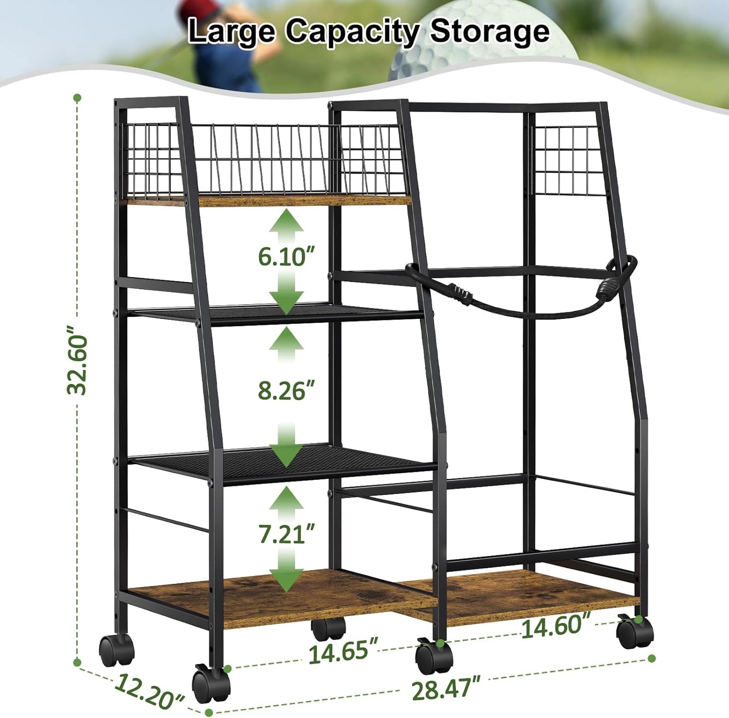 Golf Bag Garage Storage Rack with Wheels, Organizer for Single Golf Bag and Equipment Accessories, Ideal for Home, Garage, Club, Shed, Basement - Sturdy Wood and Metal Construction (Black)