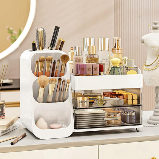 Makeup Organizer with Drawers,Large Capacity Countertop Organizer for Vanity,Bathroom and Bedroom Desk Cosmetics Organizer,Easy To Storage Skincare,Brushes,Lotions,Lipstick (White)