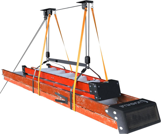 Ceiling Ladder Hoist, Heavy Duty Pulley System for Garage Storage, Ladder Hanger Hold Up to 150 lbs Capacity for Kayak, Cargo Box, Canoe, Bike Lift, Fit 10-18 Foot Ceilings, Black