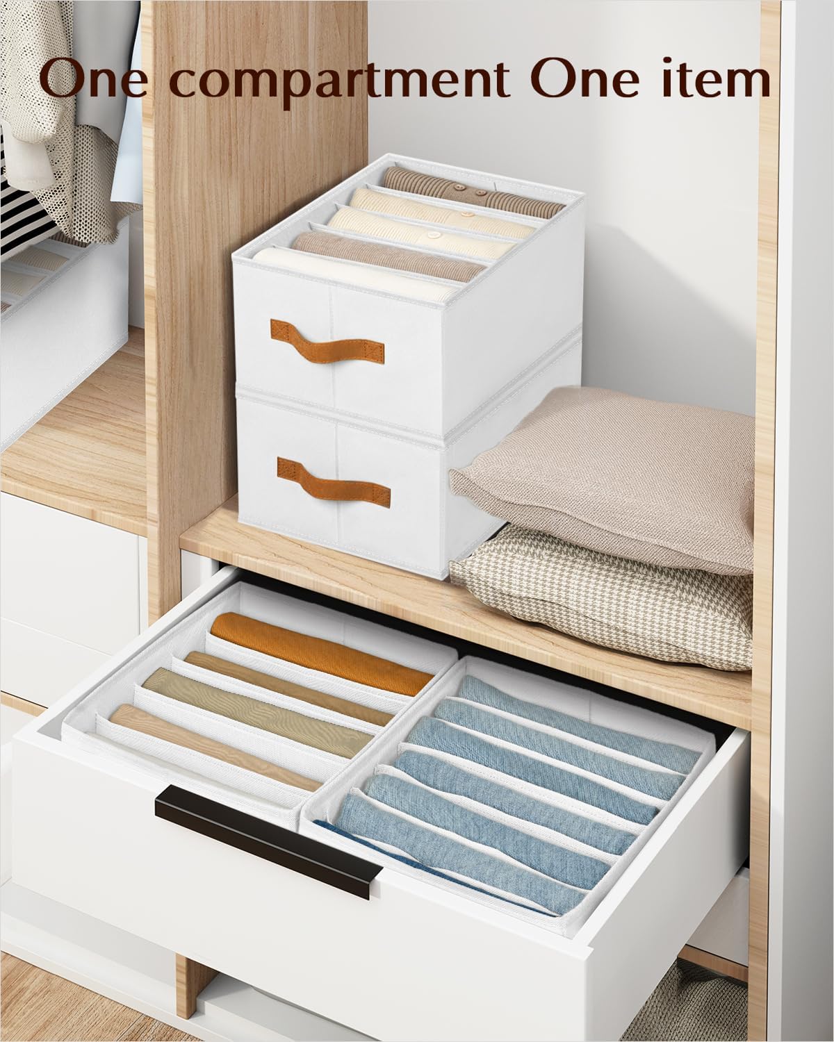 Clothes Organizers and Storage - 4/5/7 Grids Fabric Jeans Organizer with Handles, Foldable Closet Organizers Dividers, Wardrobe organizer for Pant, Sweater, T-shirt, Scarf, 6 Pack, White