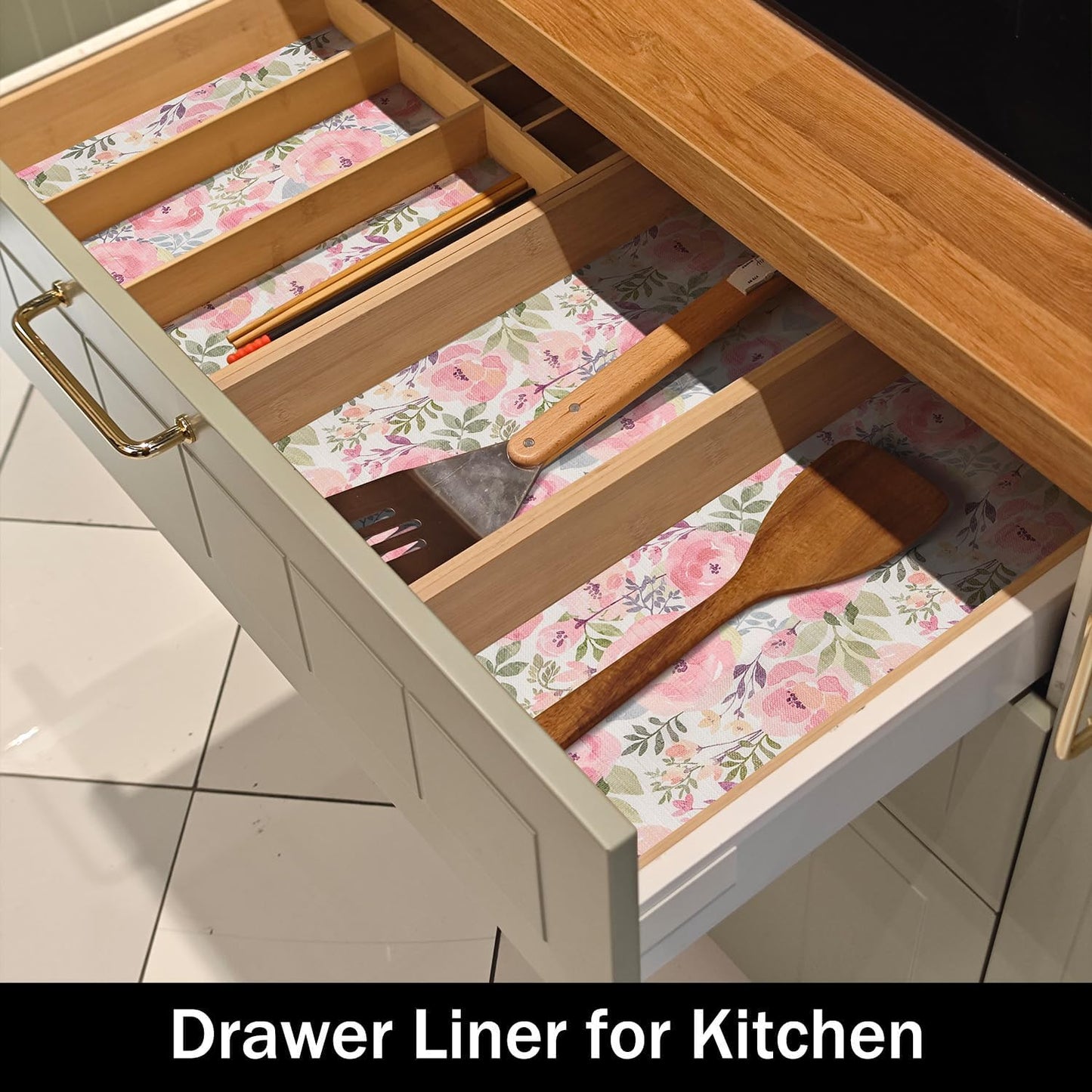 Peach Peony Shelf and Drawer Liner for Kitchen,Non-Adhesive and Strong Non-Slip Floral Cabinet Drawer Liners for Kitchen Shelf, Waterproof Cupboard Liners,Easy to Clean,12IN x 10FT