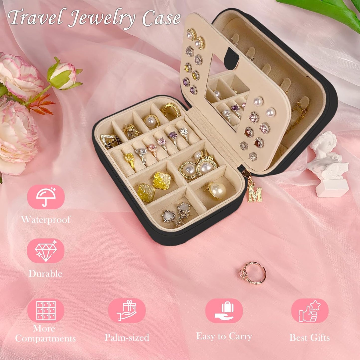 TopPerfekt Travel Jewelry Case, Jewelry Box with Mirror, Jewelry Organizer Bridal Shower Gifts to Her, Earring Storage Travel Case, Trendy Gift for Women and Girls, Girlfriend-Letter C, Black