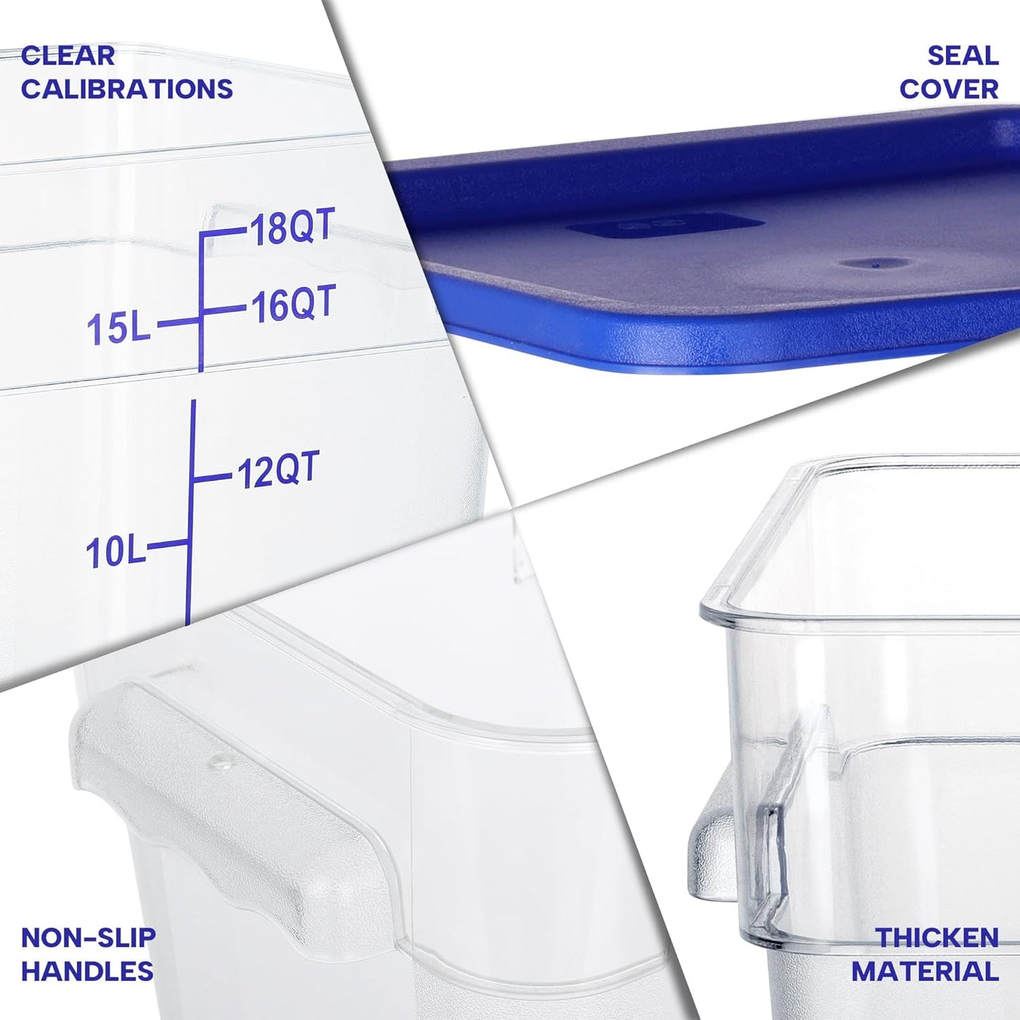 4 Pack Food Storage Containers, 18 Quart Square Commercial Food Containers with Lids, NSF, Polycarbonate, Clear