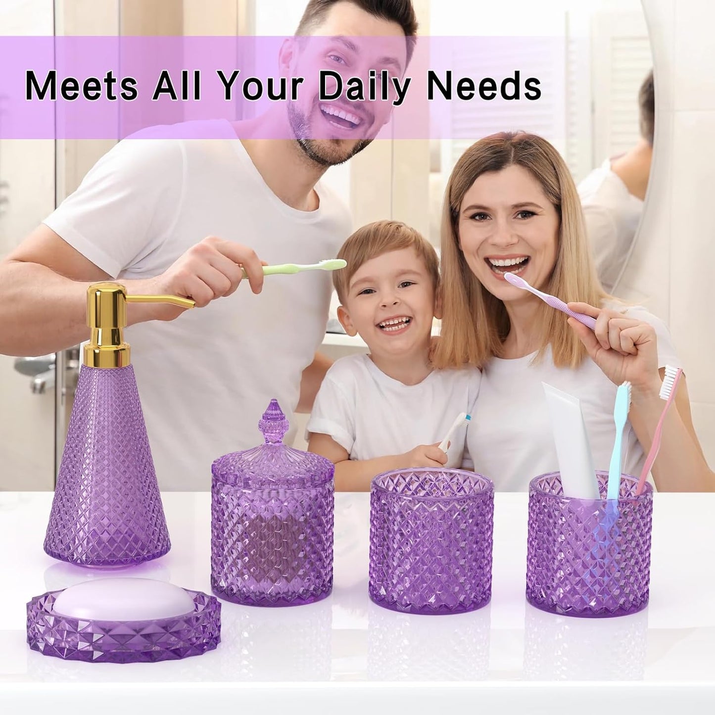 Purple Glass Bathroom Accessories Set 5 Pcs, Purple Bathroom Set, Soap Dispenser and Toothbrush Holder Set, Qtip Holder Set, Vintage Bathroom Sink Set, Cute Bathroom Decor