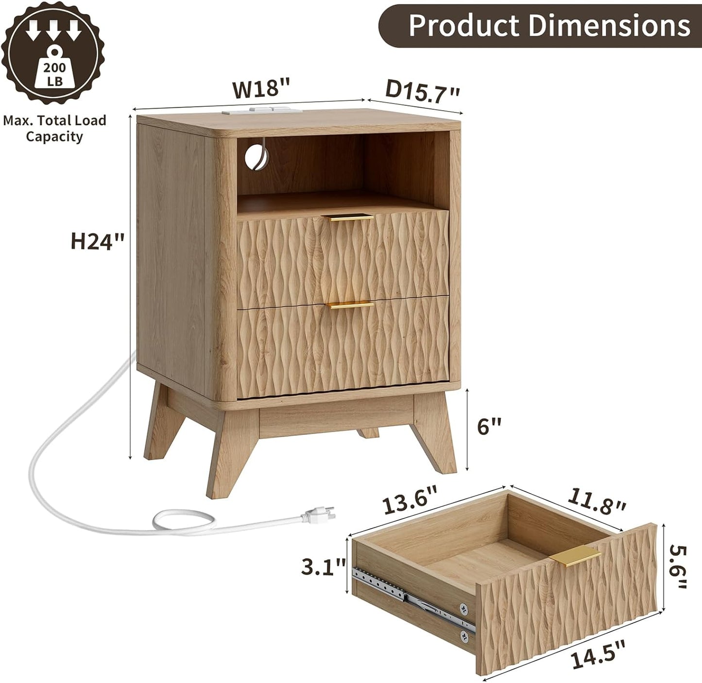 Fluted Nightstand with Charging Station, 18" Modern End Table with Storage Drawers, Bedside Table for Bedroom, Natural Oak(2 Piece)