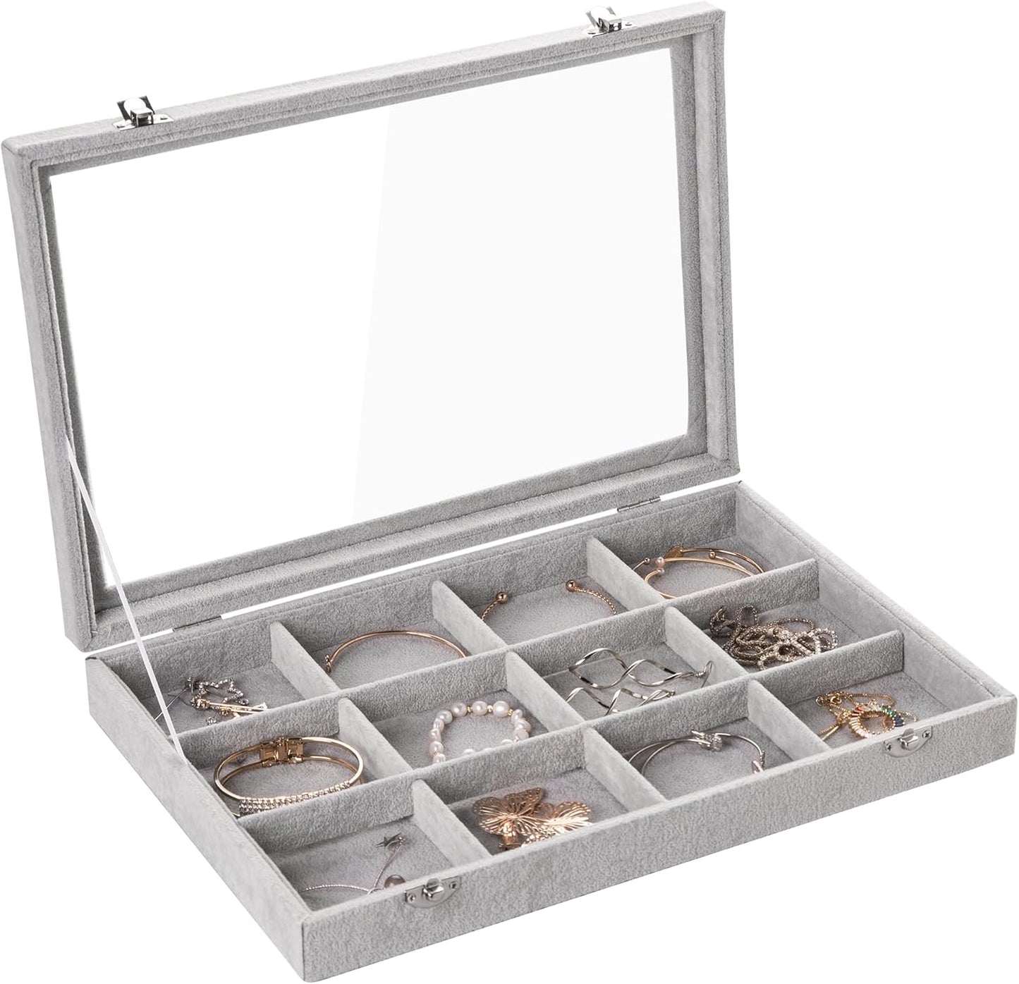 Frebeauty Velvet Jewelry Tray,12 Grid Jewelry Organizer with Clear Lid,Bracelets Holder,Jewelry Display Case with Clasp,Drawer Insert Bangle Brooch,13.8 x 9.5 x 2 Inches,Gift for Women Girls(Grey)