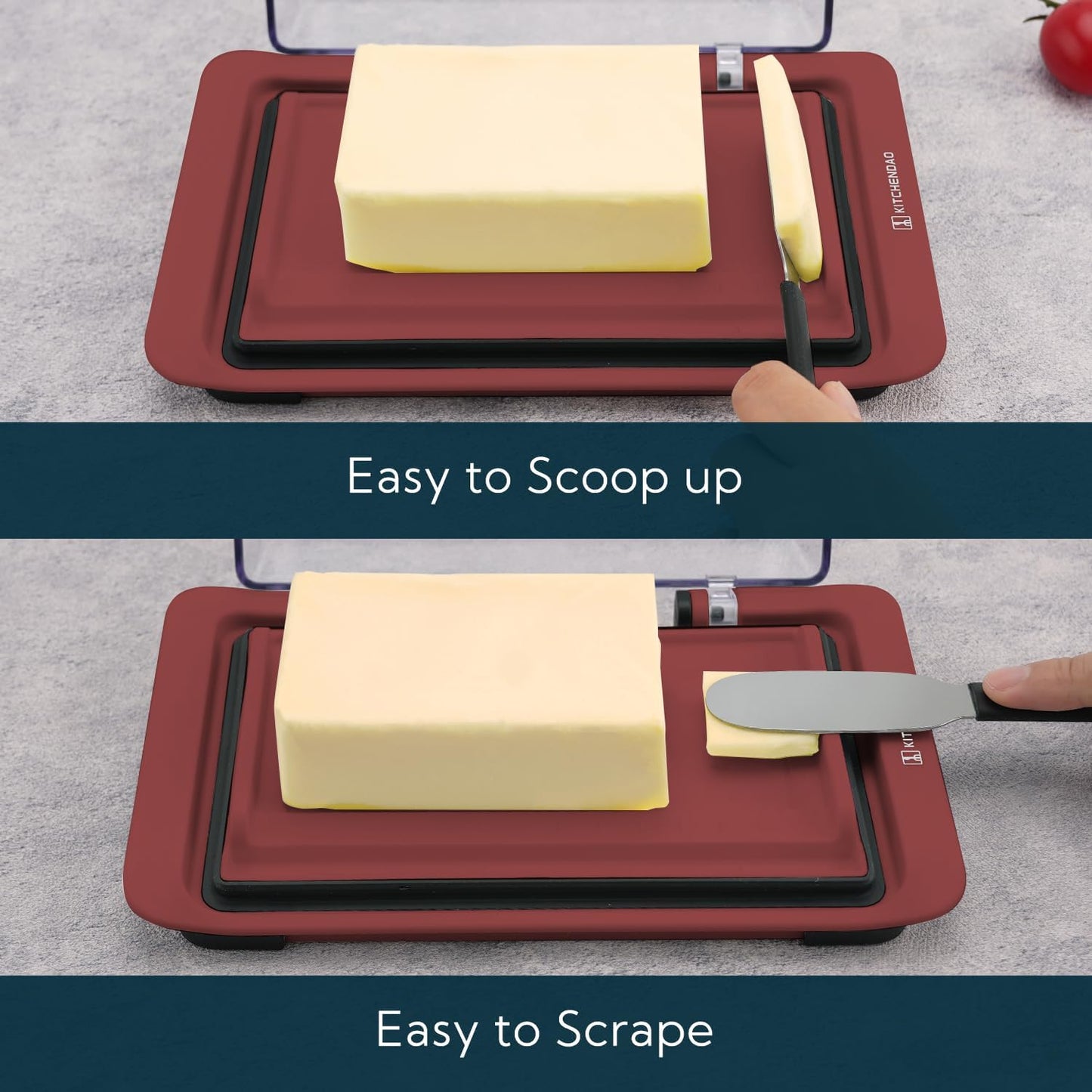 KITCHENDAO Airtight Flip-Top Butter Dish with Lid for Countertop and Refrigerator, Butter Keeper, Plastic Butter Holder Tray for 2 Sticks East Coast/West Coast/European Style/ Kerrygold Butter (Red)