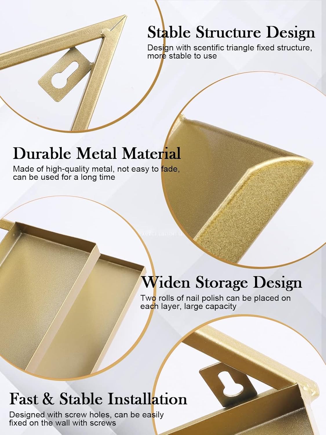 EBANKU 6PCS Nail Polish Racks 5 Tiers Nail Polish Shelf for Wall Triangular Display Rack Cosmetic Display Cases Lipstick Perfume Wall Shelf Essential Oil Organizers for Home Spa Nail Salon Shop(Gold)