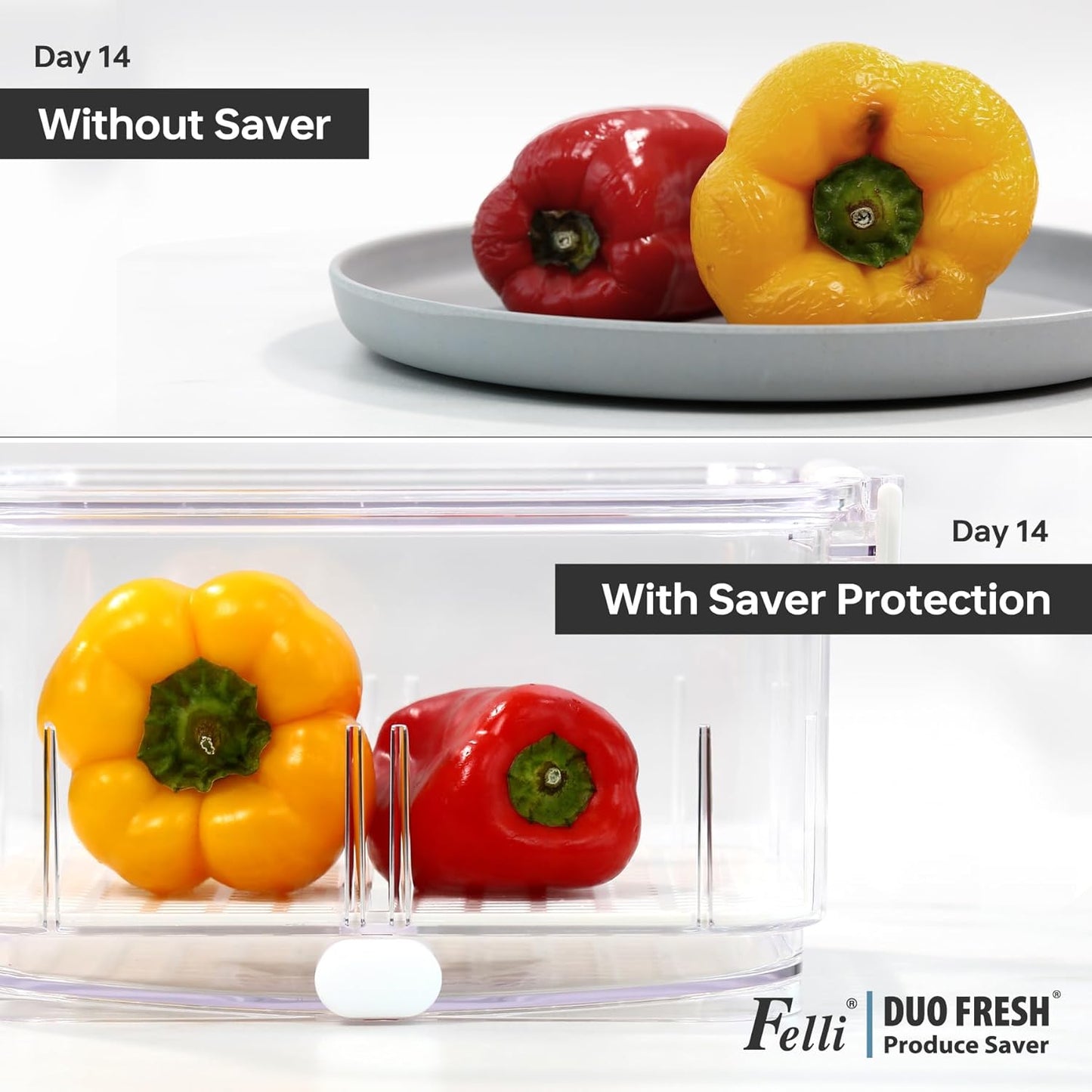 Felli Duo Fresh Produce Saver for Fridge, Fruit Vegetable Container with Vent & Drainage in Bottom for Wash, Colander Strainer Storage Bin for Refrigerator, Berry Lettuce Keeper, Christmas Gifts