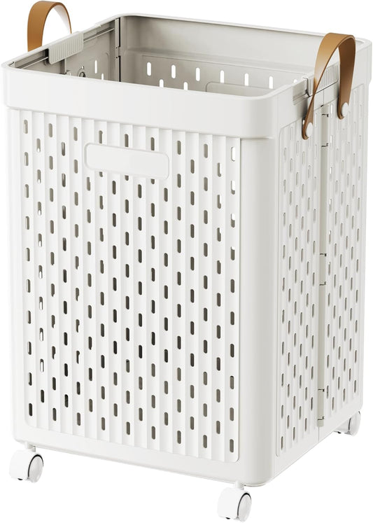 UAK Laundry Basket with Wheels, Collapsible Plastic Laundry Hamper with Handle, Foldable Laundry Basket Organizer for Laundry and Bathroom (‌Pure white, XXL)