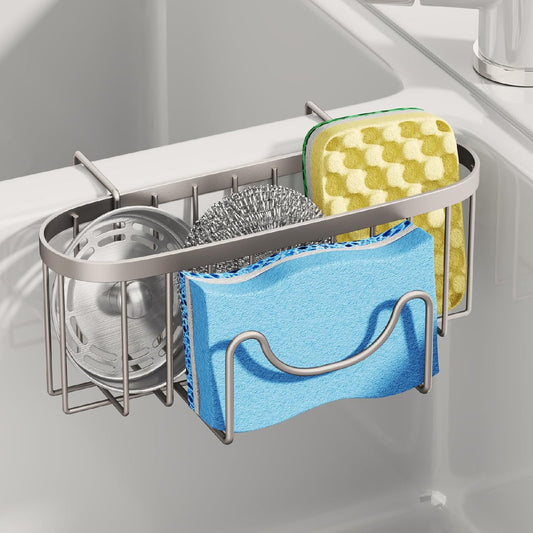 SWTYMIKI Sponge Holder for Kitchen Sink - Movable Kitchen Sink Caddy with M Hook Stainless Steel Hanging Sponges Caddy Organizer in Double Bowl Sinks Depth>3.15in, Middle Divider<1.5in, Sand Nickel L