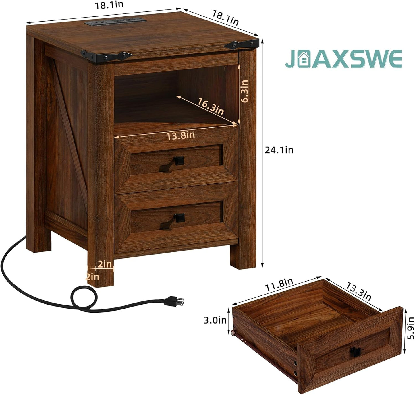Nightstand with Charging Station and USB Port, Farmhouse Side End Table with 2 Drawers and Open Shelf, Wood Rustic Sofa Table, Bedside Cabinet for Bedroom, Living Room, Closet, Office(Brown)