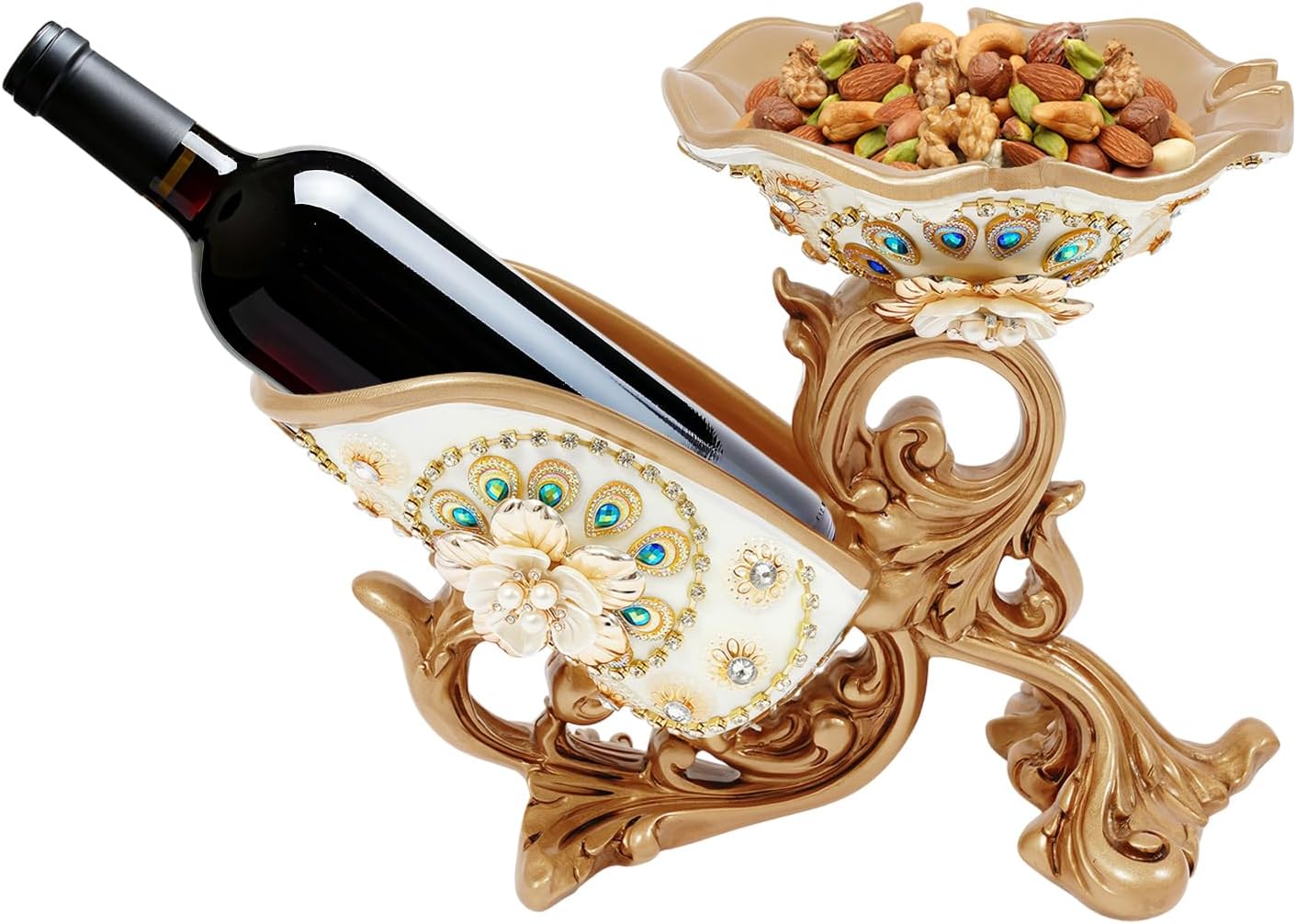 Wine Bottle Holder, Gold Wine Glass Holder Countertop with Flower Relief, Vintage Tabletop Rack Decor for Home Bar Restaurant Club Hotel
