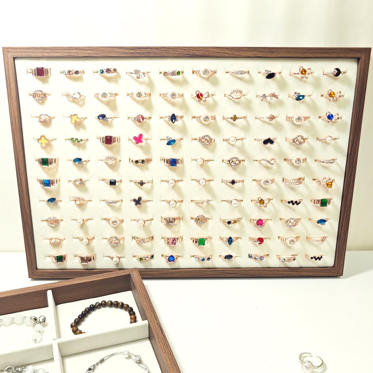 Large Jewelry Trays for Drawers Stackable Velvet Jewelry Display for Vendors Jewelry Drawer Organizer Inserts for Rings Necklace Bracelets Earrings and Studs Earrings (Beige, 100 Slot)