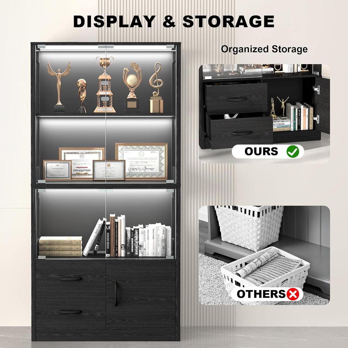 Display Cabinet with Glass Doors, 4-Tier Display Case with 3-Color Lights & Human Body Sensor, Storage Cabinets with 3 Shelves & 2 Drawers for Collectibles/Living/Dining/Game Room, Black Oak