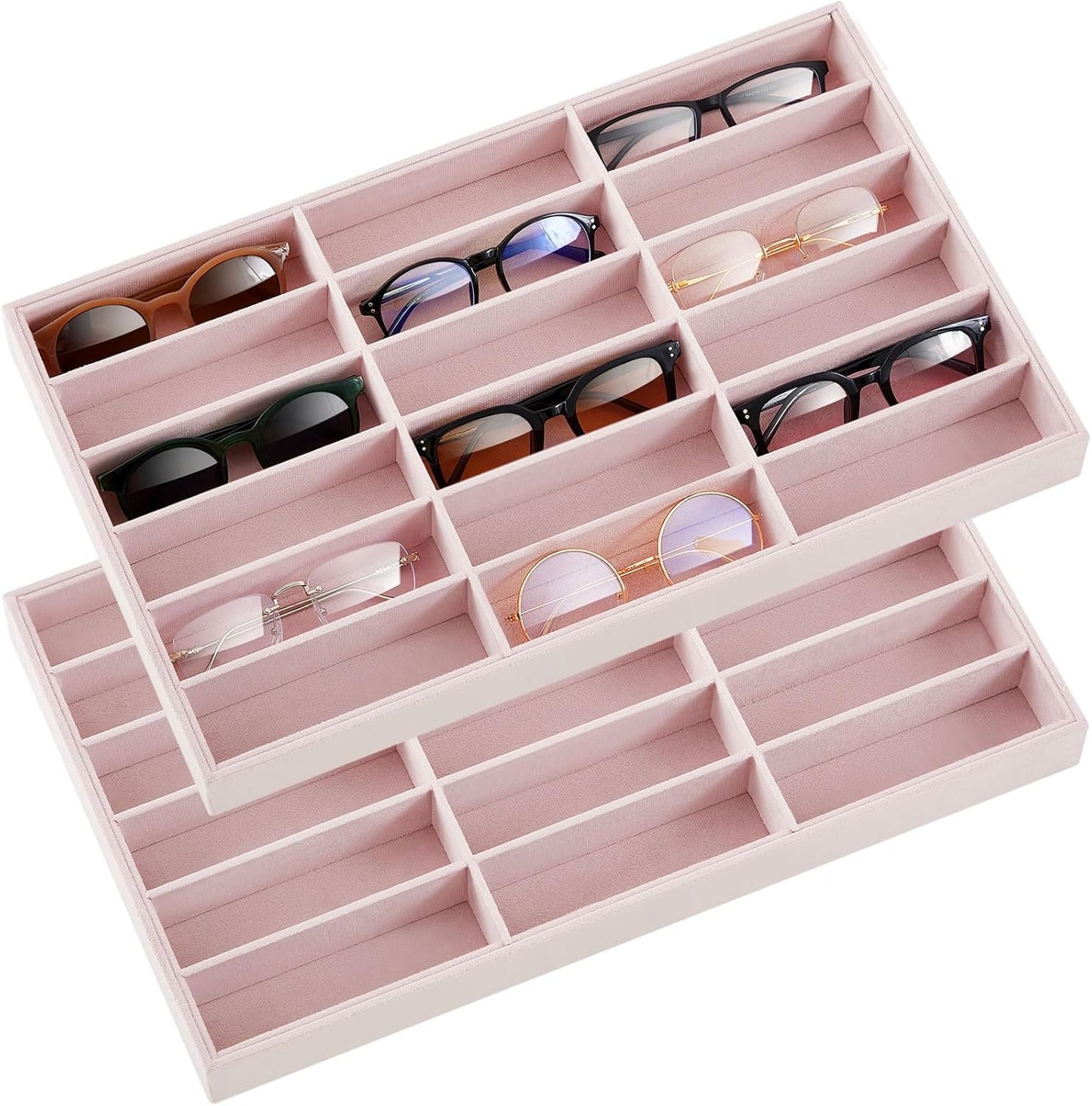 Amylove 2 Pcs Sunglass Organizer Trays Glasses Stackable Jewelry Trays Sunglass Organizer Display Box (18 Grids,Pink)