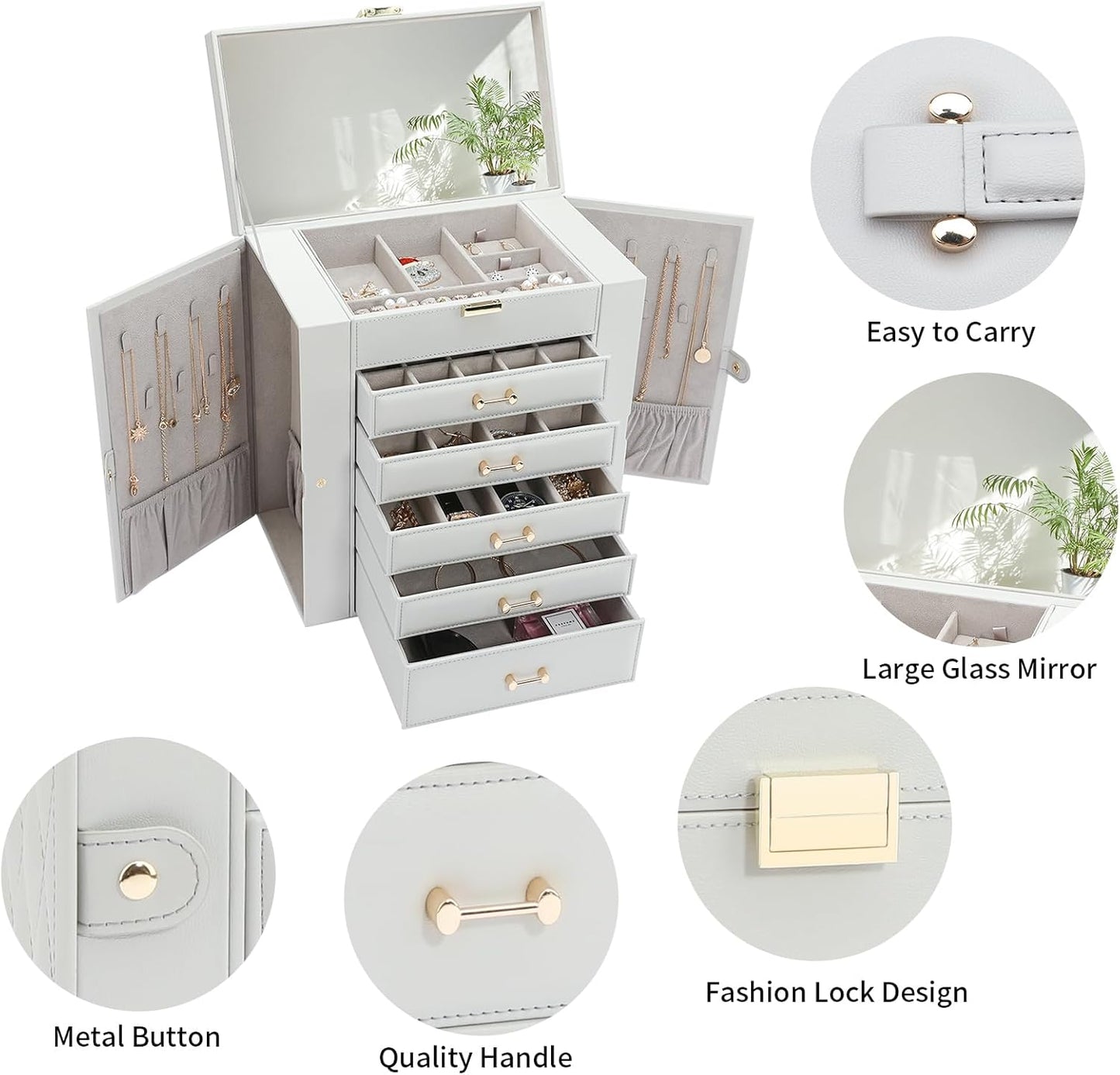 Large Jewelry Box, Jewelry Boxes for Women Large Jewelry Organizers and Storage, Jewelry Organizer for Rings Earrings Necklaces Glasses Bracelets Watches, Grey