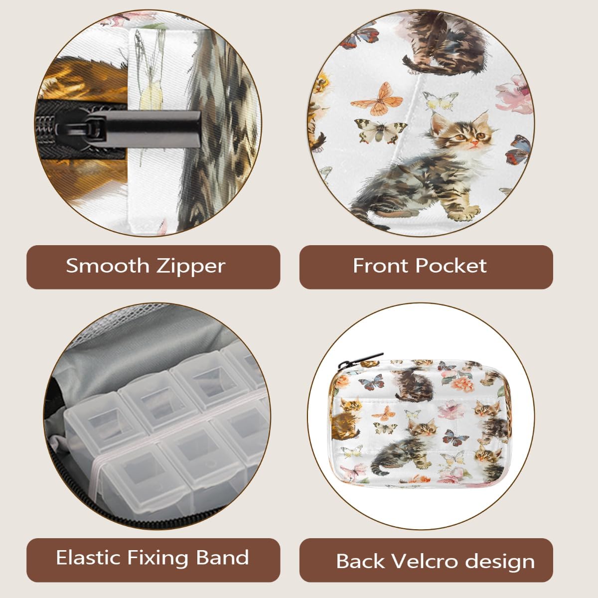 Watercolor Cute Cats Butterflies Pill Organizer Travel Medicine Case with Zipper Daily Vitamin Storage Bag Portable 8 Slot Weekly Pill Box Supplement Holder for Home Office Gym Travel