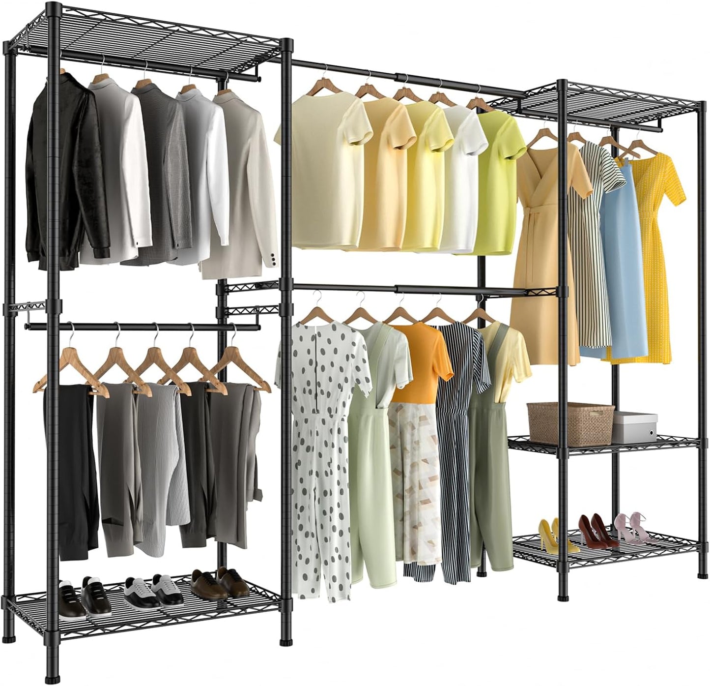 Metal Garment Racks Heavy Duty Clothes Rack Adjustable Freestanding Expandable Industrial Pipe Clothing Rack for Hanging Clothes - 70" L x 16" W x 76.7" H, Black