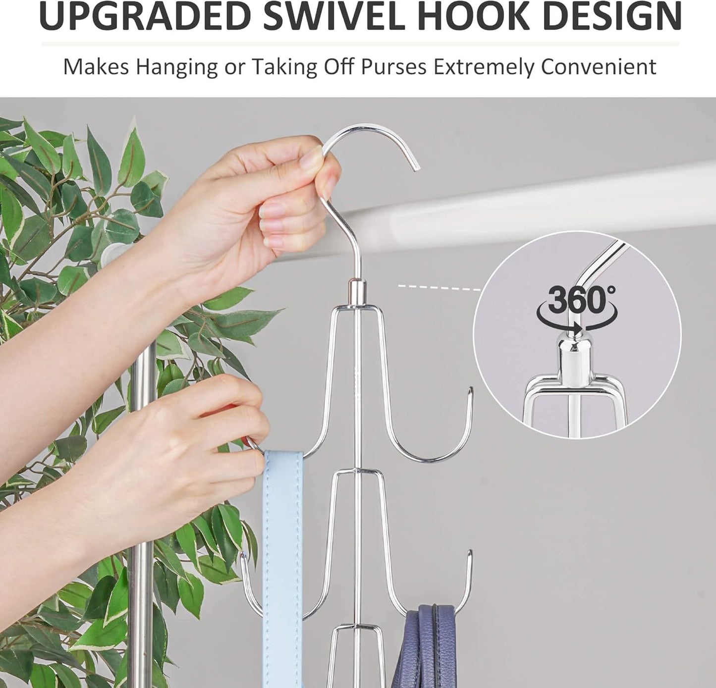 ZEDODIER Purse Organizer for Closet, Rotatable Purse Hanger Bag Holder, Max 8 Storage Capacity Backpack Rack, Metal Space Saving Hanger, Silver