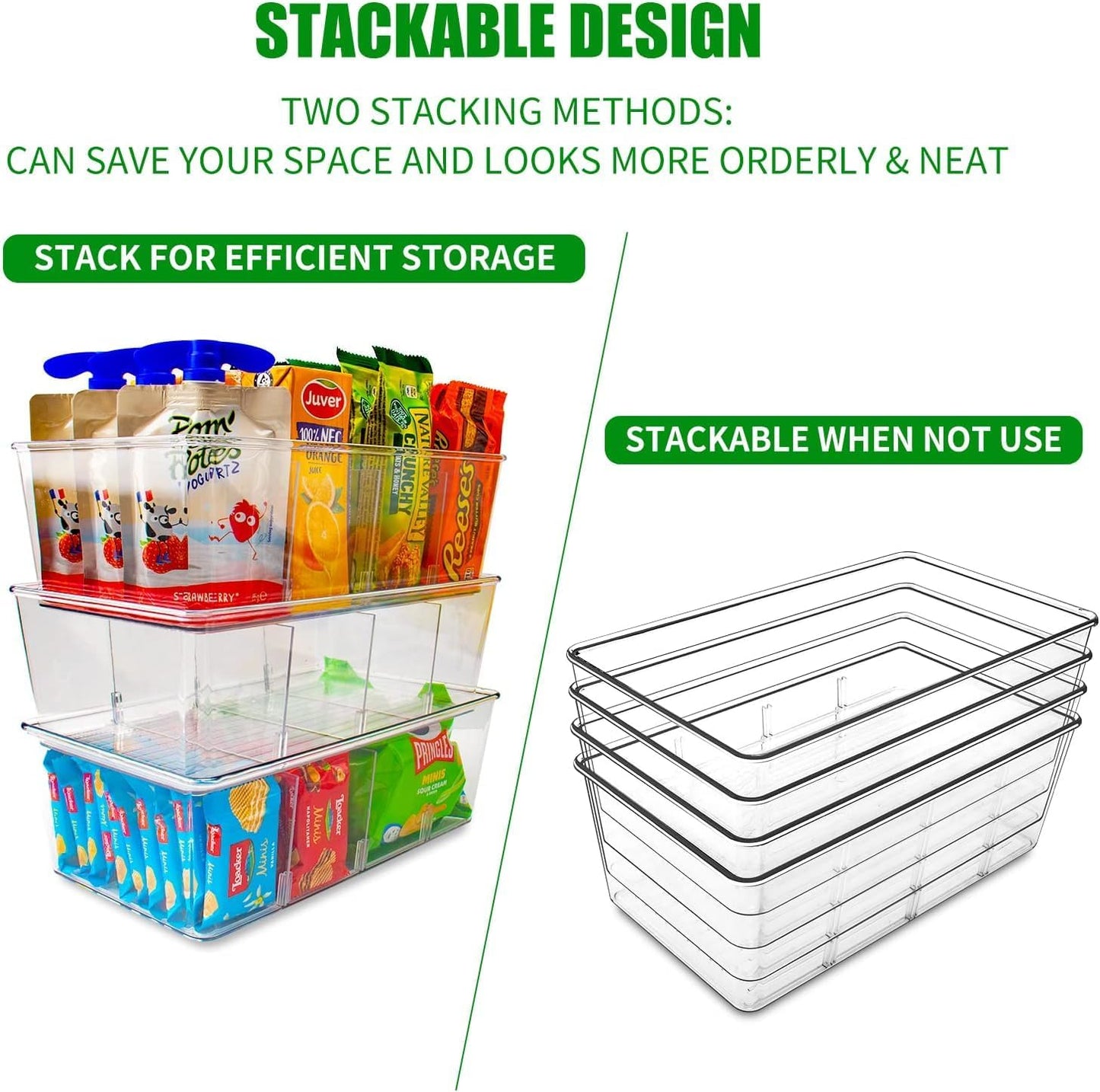 Pantry Organizers and Storage,Kitchen Organizers and Storage for Fridge,Drawer and Refrigerator - Spice Organization for Cabinet,Clear Plastic Stackable Storage Organizer Bins with 3 Dividers (3 Pcs)