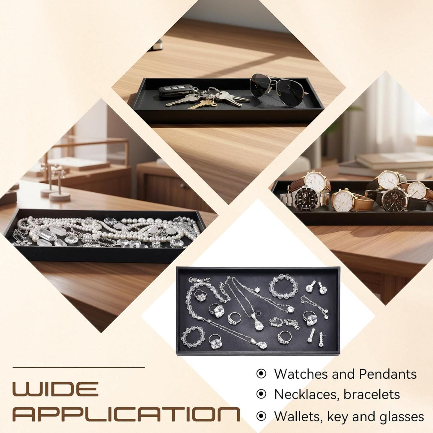 LemonRoad 6 Pack Plastic Jewelry Tray Stackable Black Jewelry Display Drawer Inserts Organizer for Ring Necklace Earring Bracelets Showcase Display for Women Her