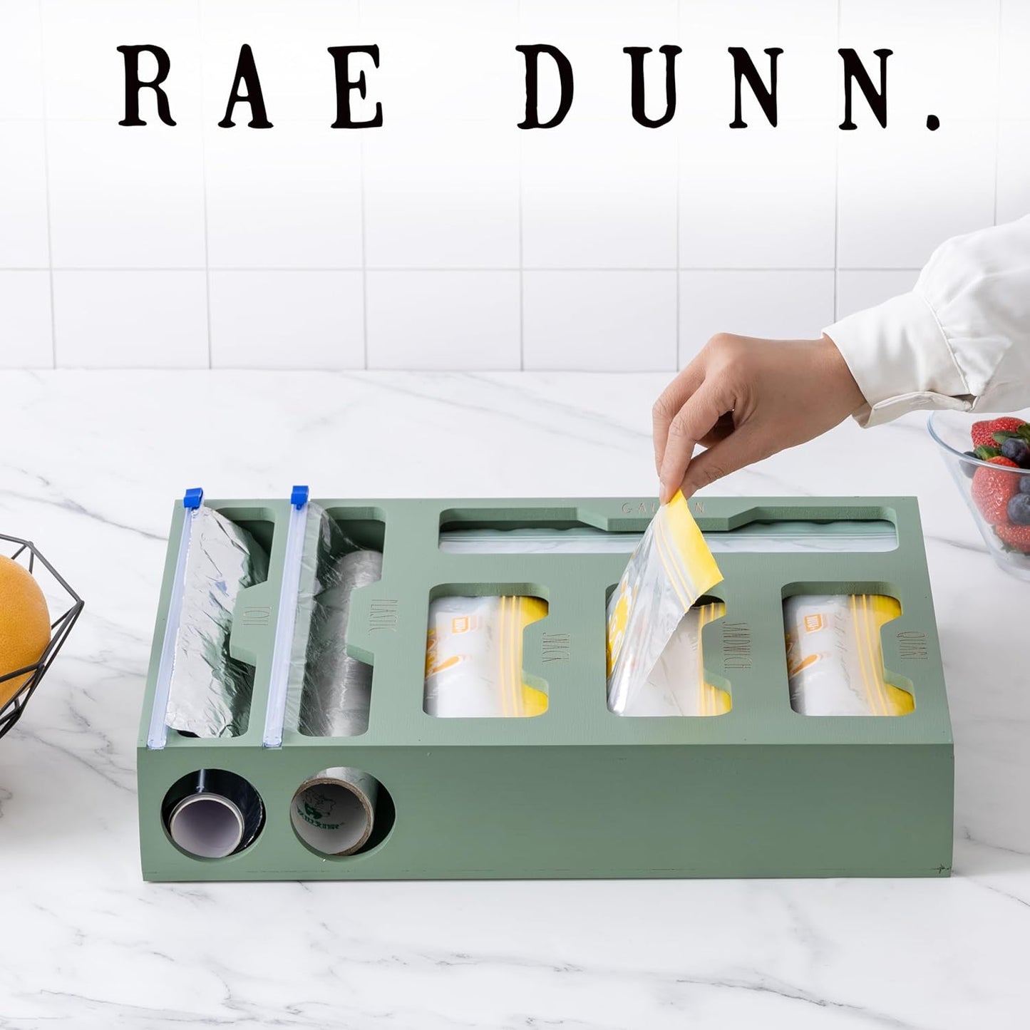 Rae Dunn Bamboo Bag Organizer for Kitchen Drawer - Durable Wood Organizer for Kitchen Storage - Holds Gallon, Quart, Snack, Sandwich Size Baggies, Plastic Wrap and Foil