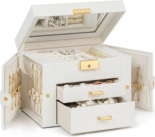 TORIBIO Jewelry Box for Women, Leather Jewelry Organizer with Mirror & Lock, 3-Tier Jewelry Storage Organizer with 2 Drawers for Girls/Women/Mothers, Necklace Earring Bracelets Holder Organizer