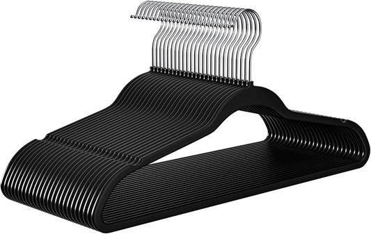 Hangers 50 Pack - Non-Velvet Black Plastic Hangers for Clothes -Heavy Duty Slim Coat Hanger -Space-Saving Closet Hangers with Chrome Hook,Non-Flocked Hangers for Dresses Coats Shirts Jackets