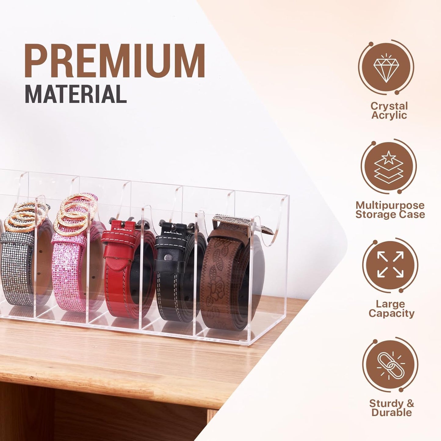 Acrylic Belt Organizer for Closet - 7 Compartments Transparent Storage Holder | Display Case for Makeup, Jewelry, Watches, Bow Tie, & Bracelets | Multipurpose Clear Containers & Versatile Design