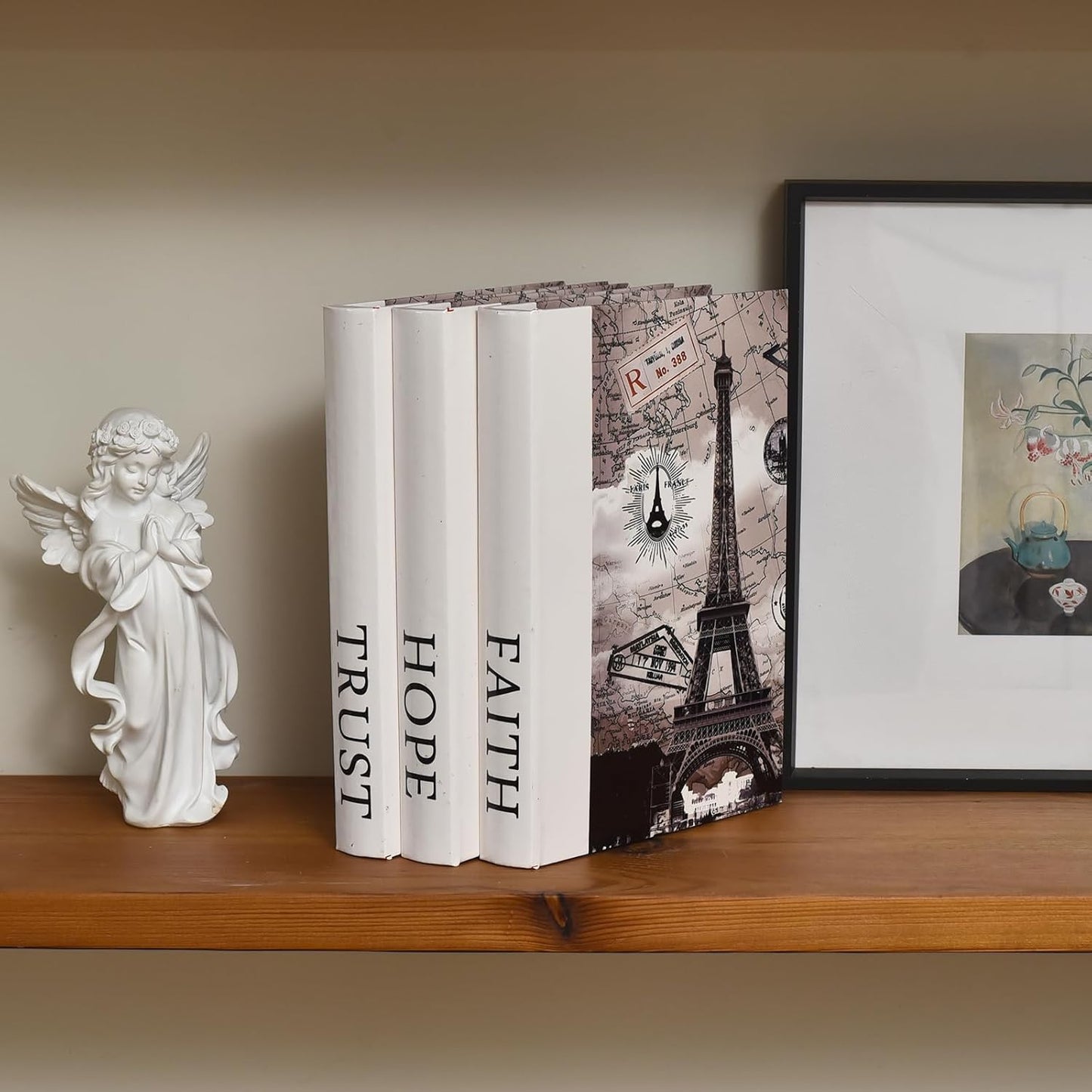 Decorative Books for Decor, Contemporary Faux PU Leather and Wooden Storage Boxes Set of 3, Vintage Keepsake Box for Home, Living Room, Shelves (Faith Hope Trust, Eiffel Tower, Paris)