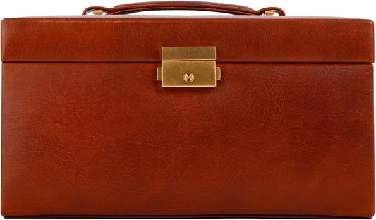 Time Resistance Jewelry Box - Full Grain Leather Jewellery Organizer - Accessories Storage - Key Lock Box for Women (Cognac Brown)