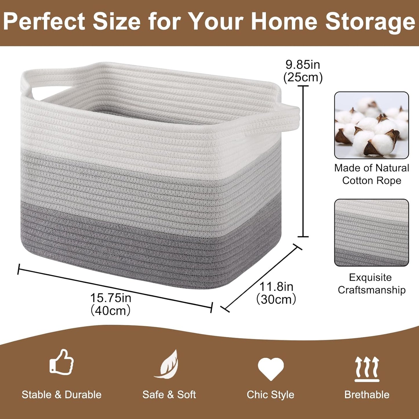 Storage Basket for Organizing, Woven Baskets for Storage, Rectangle Decorative Baskets for Shleves, Closet, Toys, Books, Nursery Organizer Bins - Pack of 3 (Gradient Gray, 15.75"x11.8"x9.85")