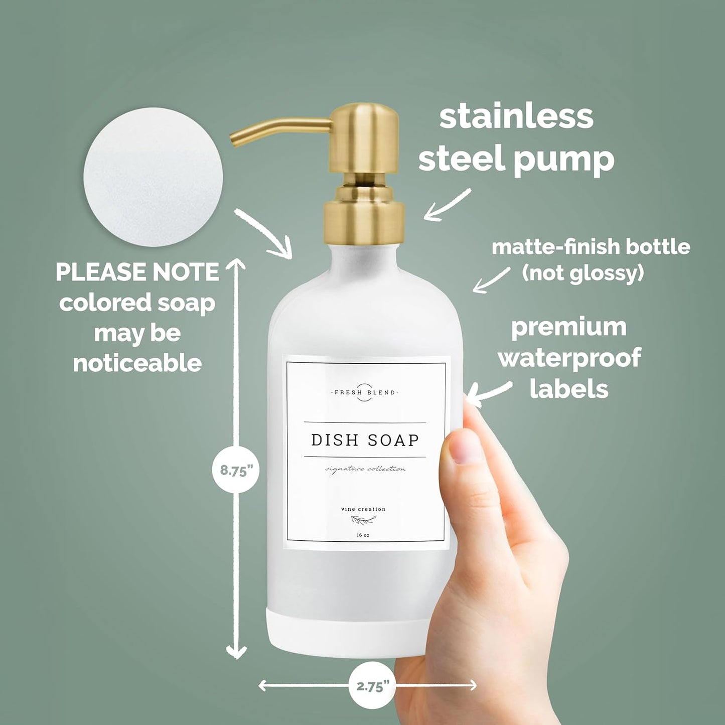 Vine Creations White Glass Soap Dispenser, 2 Pack Kitchen Soap Dispenser Set with Stainless Steel Pump, 16 oz Dish Soap and Hand Soap Dispensers for Bathroom with Waterproof Labels